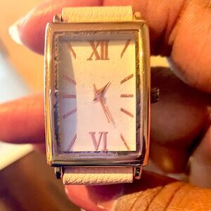 Rectangular Analog Watch w/Rose Gold Tone Pink faux Leather Strap Roman numbers.